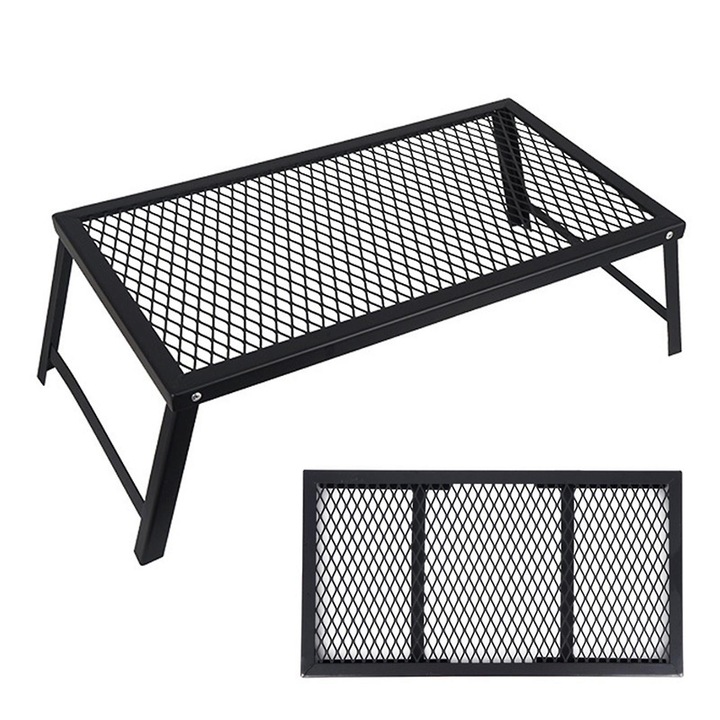 Gratar camping pliabil / grill din fier rezistent la temperaturi ridicate, cu picioare rabatabile si plasa sudata, Negru, 50x30x19 cm