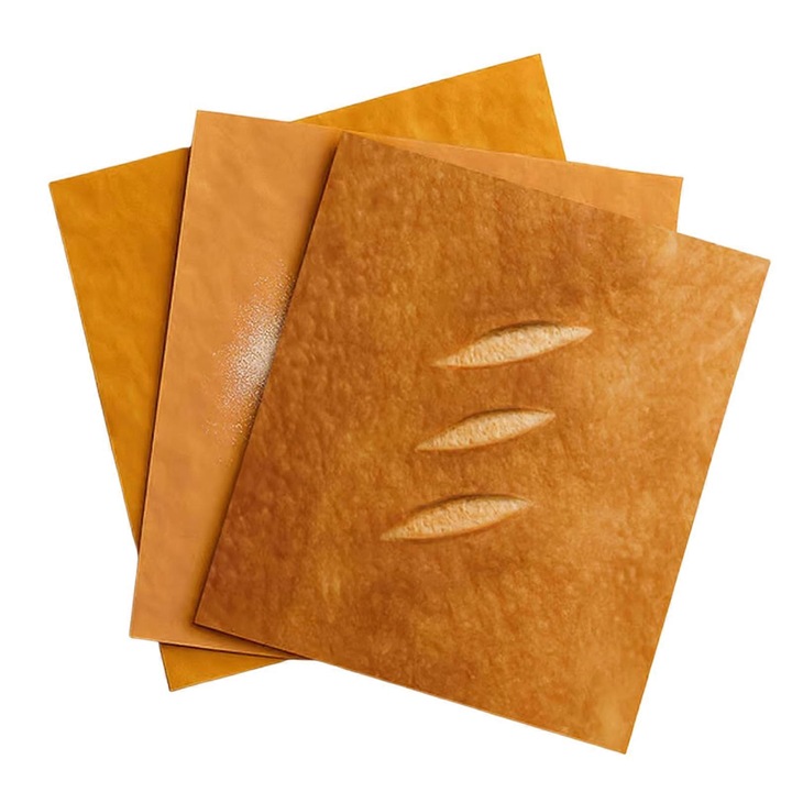 Hartie de ambalat cadouri, model inspirat de paine, 3 modele realiste (paine rustica, bagheta, toast), hartie groasa, rezistenta, protejata cu folie, maro, 6 foi, 19.5x17 cm
