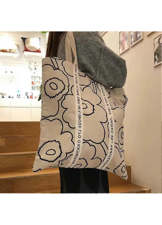 Vászontáska/shopper táska, virágmintával, lopásgátló rendszerrel és masszív aljjal, bézs, egyedi