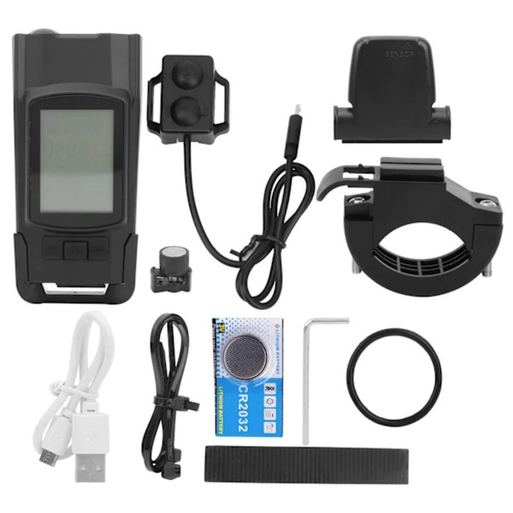 Computer de bicicleta wireless, ciclocomputer cu far LED 800 lm si claxon 120 dB (3 moduri), senzor de viteza, USB reincarcabil, autonomie 6h/20h, negru, 1 buc