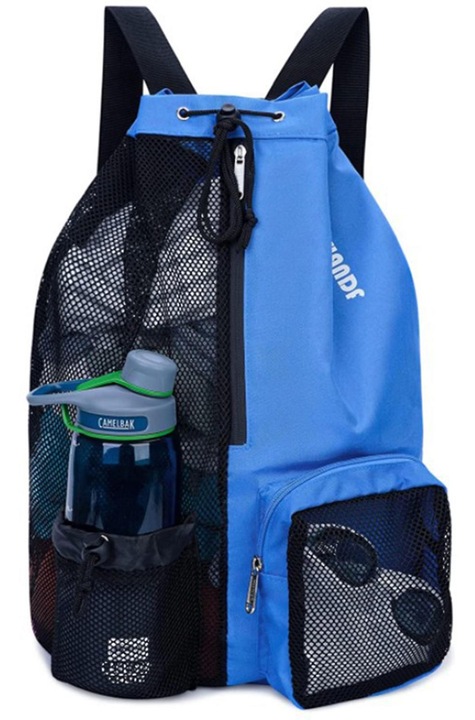 Rucsac cu snur din plasa de nylon, durabil, 2 buzunare din mesh si buzunar frontal cu fermoar, Albastru, 18.9x6.5x12.6 cm