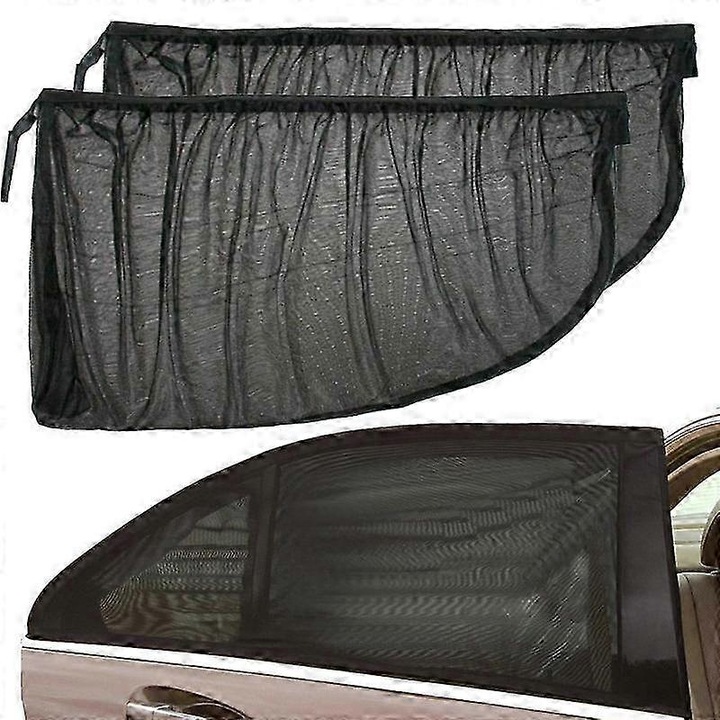 Set 2 bucati, Parasolar geam lateral auto, plasa nylon elastica, anti-tantari, translucide, universal pentru autoturisme si SUV, Negru, 65x55 cm (extins 110x57 cm)