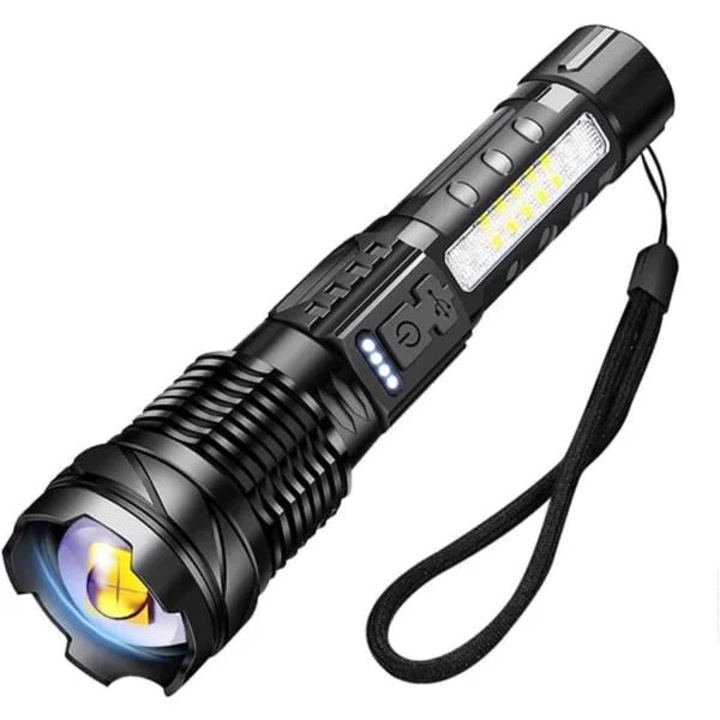 LED фенер A76, презареждаем, 20000 лумена, USB-C, 6 режима (преден и страничен), обхват 500 м, щипка за закрепване, черен, 1 бр.