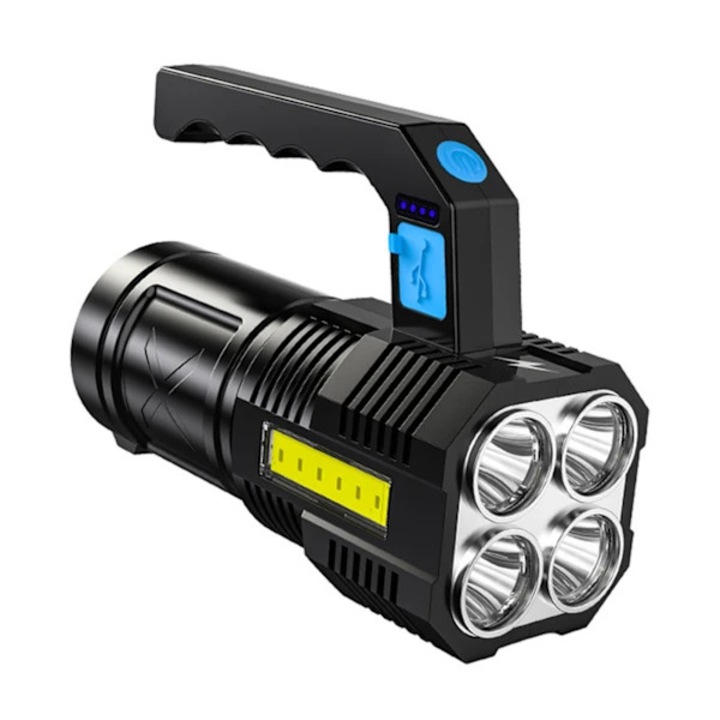 Kézi lámpa/reflektor, USB újratölthető akkumulátorjelzővel, 5 LED, IP44 vízálló, fekete, 1200mAh 3.7V, 1 db.