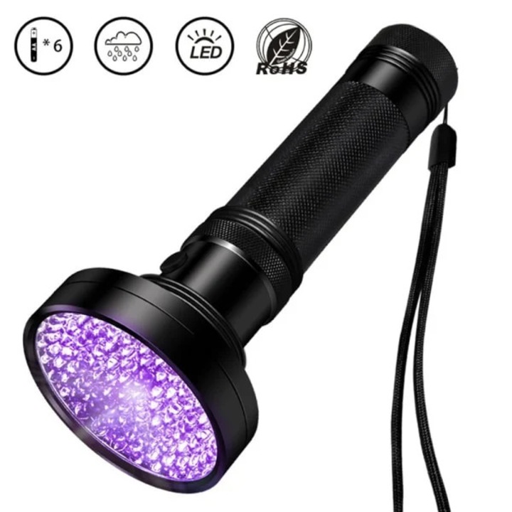 UV фенер / преносима UV лампа 100 LED, 18 W, обхват >50 м, IP65 водоустойчива, работи с 6x AA (без батерии), Черна, 1 бр