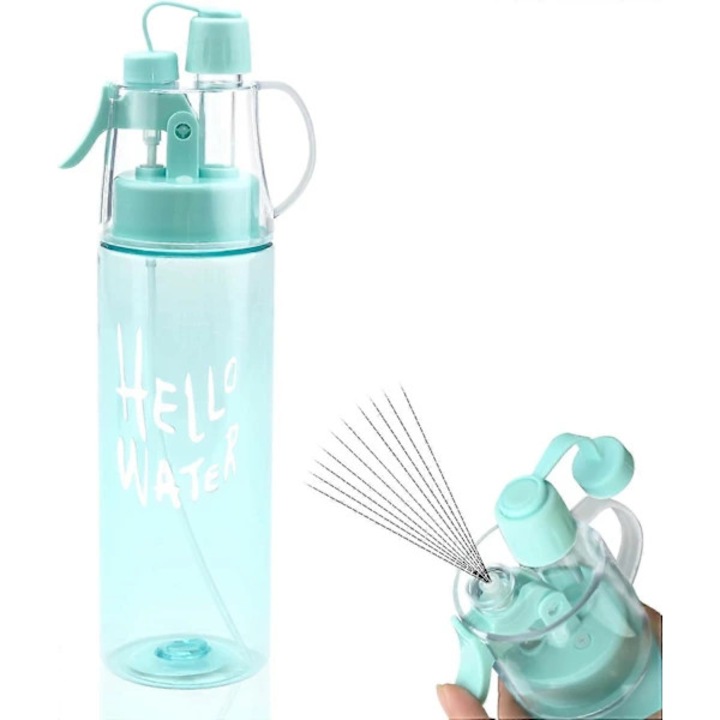 Bidon sport / sticla de apa cu pulverizator si pai pliabil, etans, cu capac de blocare si deschidere larga, turcoaz, 580ml