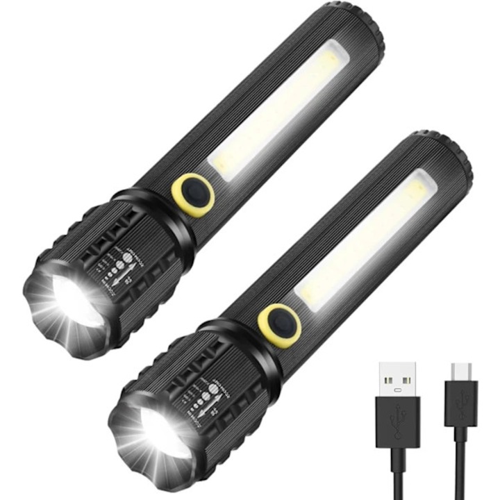 2 darabos szett, taktikai LED zseblámpa/újratölthető elemlámpa USB-vel, 1200mAh akkumulátor, állítható zoom, 3 mód, IPX3 vízálló, fekete, 14 cm