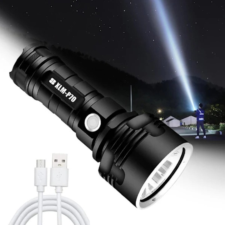 XLM-P70 újratölthető LED lámpa, alumíniumötvözet, akár 100000 LM teljesítmény, 5000 mAh akkumulátor, időjárásálló, USB töltés, fekete, 15 cm