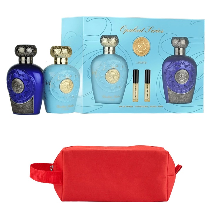 Set Parfum Gift Set Opulent Dubai & Blue Oud Elixir 100 ml Lattafa Parfum Arabesc, Barbati Femei Unisex, Gentuta parfumuri