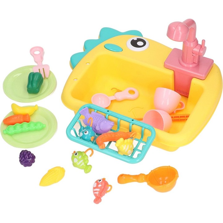Chiuveta de jucarie 2-in-1, set de joaca pentru copii, cu robinete automate, joc de pescuit inclus, din plastic ABS fara miros, galben, 1 set