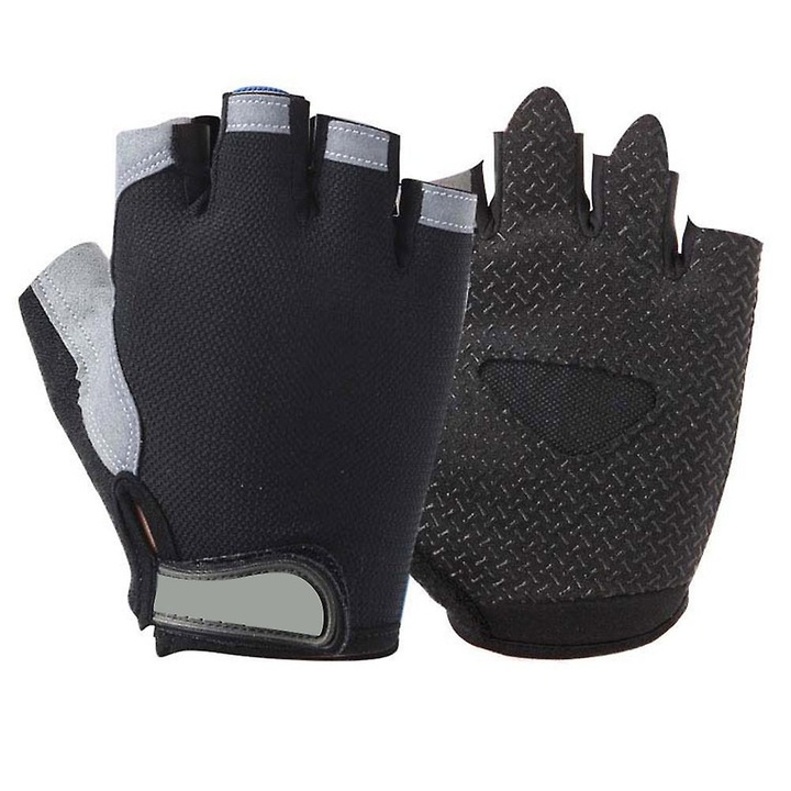 Manusi ciclism, manusi scurte cu degete decupate din material tricotat (plasa elastica), respirabile, antiderapante, cu protectie la socuri si inchidere velcro reglabila, Negru/Gri, M-L-XL