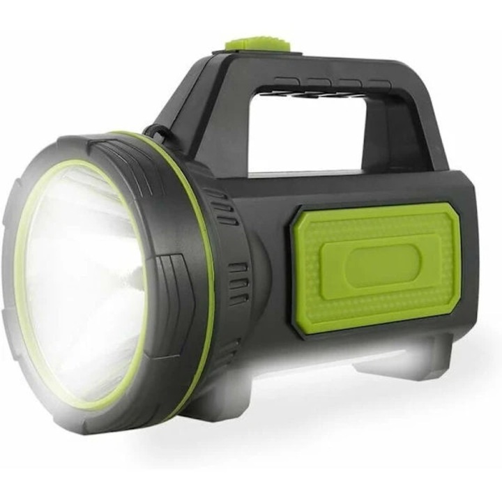 USB újratölthető LED lámpa, 135000 lm, 6000 mAh akkumulátor, oldalsó fénnyel és SOS funkcióval, 1000 m hatótáv, IPX4, ABS-ből, fekete/zöld, 1 db
