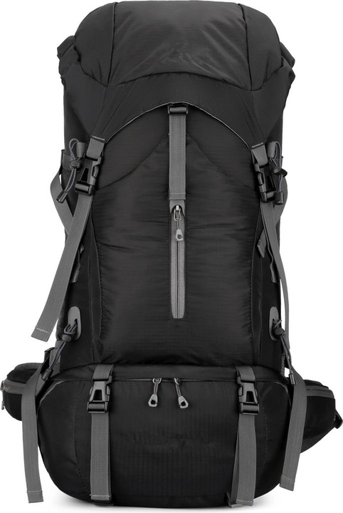 Túrázó/trekking hátizsák strapabíró és vízlepergető nylonból, nagy kapacitású 65+5 L, több rekesz és kompressziós hevederek, állítható (vállpántok, derék, mellkas), fényvisszaverő esővédő huzat, Fekete, 65+5 L