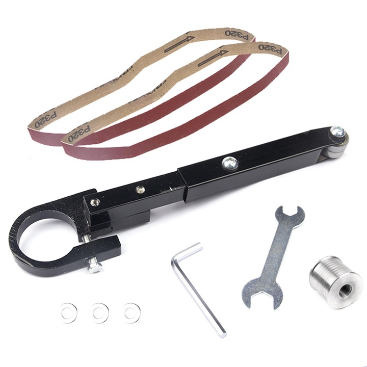 Adaptor slefuitor cu banda, convertor pentru polizor unghiular, montare rapida, cu dublu rulment si role zimtate, portabil, negru, 1 set