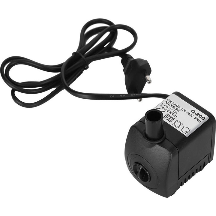 Pompa submersibila, pompa pentru acvariu Q-200, 600 L/h, 8 W, silentioasa, cu aspiratie de fund si protectie anti-uscaciune, baza antiderapanta, 220-240V, negru