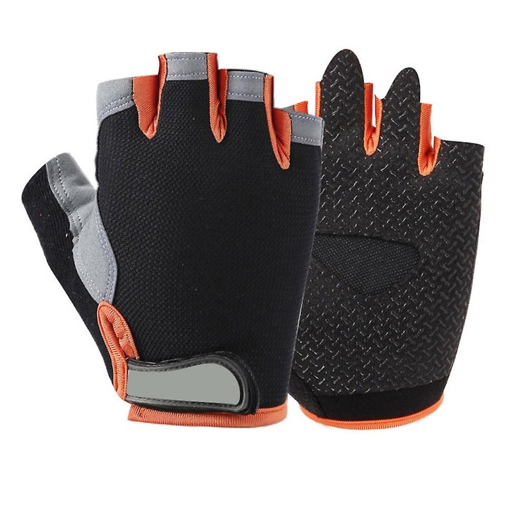 Manusi ciclism fara degete din material textil elastic, respirabile, antialunecare, cu protectie amortizoare si burete, inchidere velcro, Negru/Portocaliu, M/L/XL