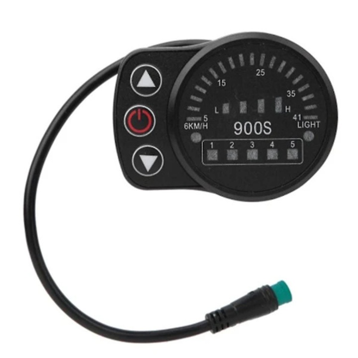 KT-900S elektromos kerékpár LED kijelző / műszerfal, kompatibilis 24V/36V/48V, sebességjelző 0-41 km/h, PAS 1-5 és 4 LED-es akkumulátor kijelző, vízálló 5 tűs csatlakozó, Fekete, 1 db