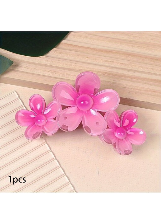 Clama de par/agrafa din plastic cu forma inelara si model floare, roz, 1 buc