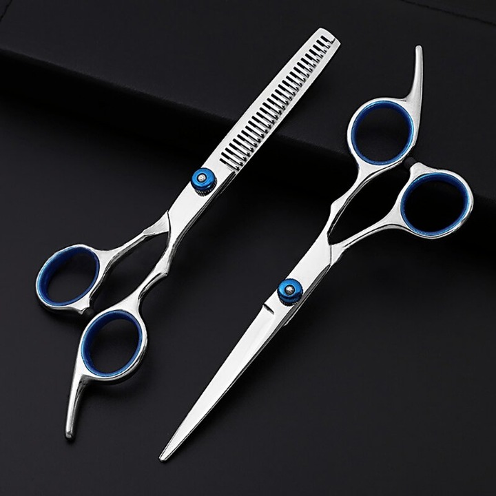 Set 2 bucati, Foarfeci profesionale pentru par din otel inoxidabil, ergonomice, pentru tuns si filat, Argintiu/albastru