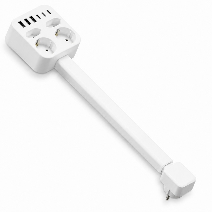 Priza Extensibila MIROK®, 4 Prize + 6 Porturi de Incarcare (3 USB-A + 3 USB-C), Rotire 180°, Inaltime Reglabila 47-67 cm, Incarcare Rapida pana la 20W, Ideala pentru Spatii Inguste, Birou, Dormitor, Living si Noptiera, Multifunctionala, Alb