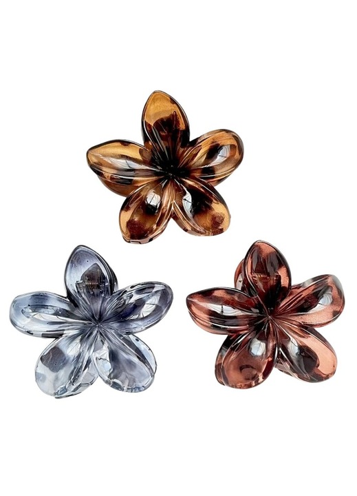 Clame/agrafe de par din acril, in forma de floare, set 3 bucati, imprimeu leopard, Multicolor