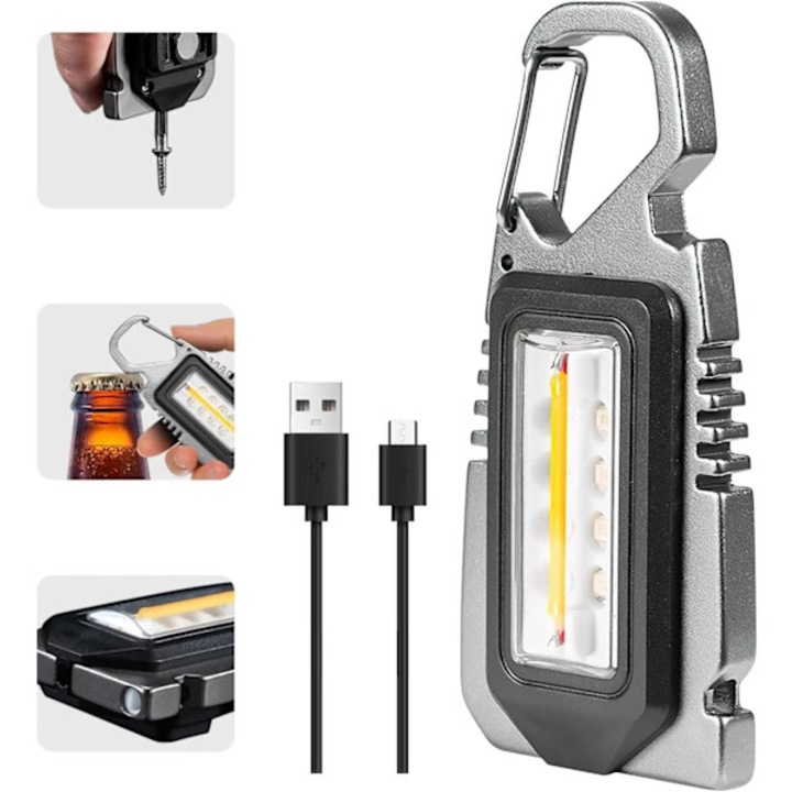 Mini hordozható többfunkciós LED lámpa, USB-ről tölthető, vízálló, sörnyitó, fekete