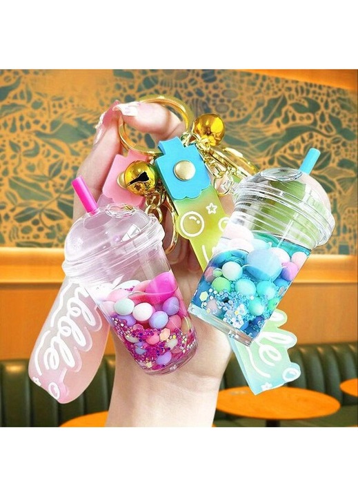 Ключодържател чаша за bubble tea от акрил, с ефект на пясък, със силиконови елементи и метален пръстен, Многоцветен