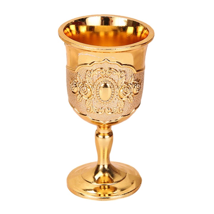 Pahar de vin gravat vintage, cupa din metal placat auriu, rezistenta la uzura si coroziune, auriu, 1 buc, 37x60x30 mm