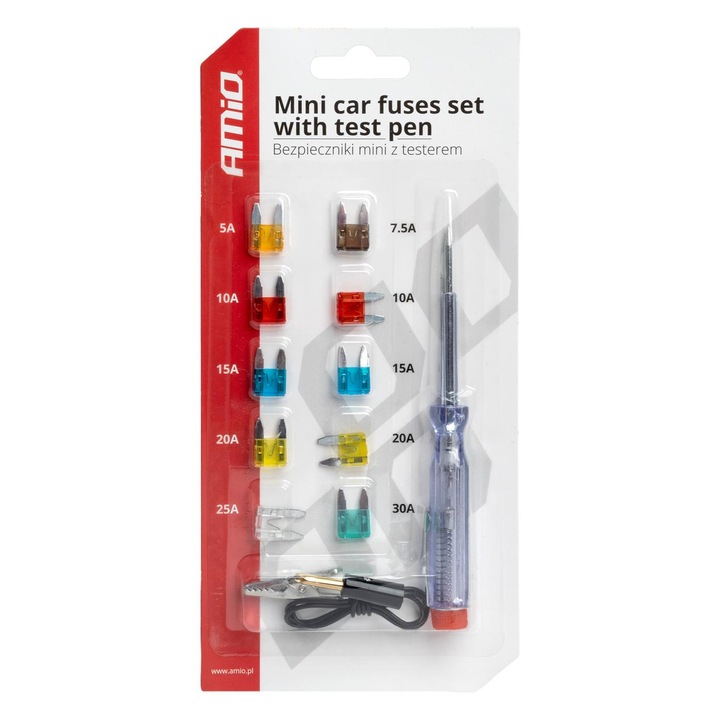 Set 10 Sigurante Auto AMiO, (3A-30A) cu Tester Tensiune, Verificator Protectie