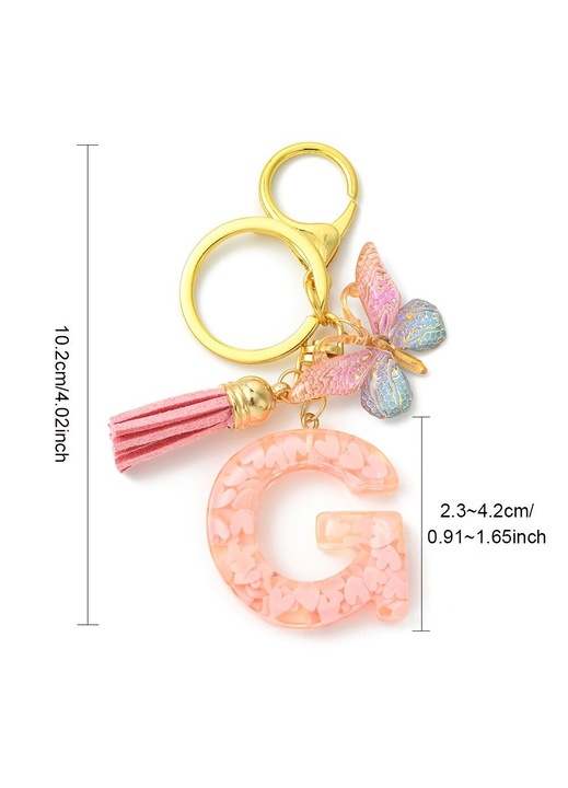 Kulcstartó gyantából G betűvel, bojt és fém pillangó medál, Többszínű, 10.2 cm