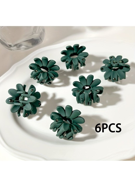 Clame de par/cleme din plastic, mini, cu model floare, set 6 bucati, verde