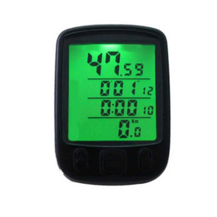 Kerékpár komputer/sebességmérő, háttérvilágítású LCD, vezeték nélküli, vízálló, nagy digitális kijelző, 57x40x17 mm, fekete, 1 db