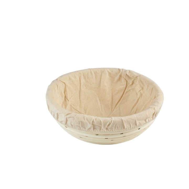 Cos pentru dospit paine Bohemian Natural, suport pentru aluat din materiale naturale, cu captuseala textila si spatula, Crem, 25 cm, 1 buc