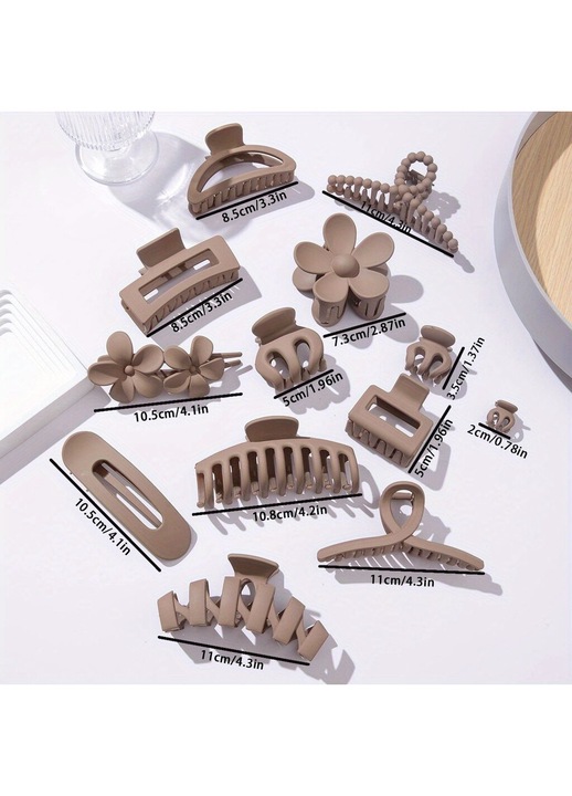 Set 13 clame de par / cleme din plastic, mate, cu arc metalic si prindere anti-alunecare, forme variate (flori, oblong), Bej deschis