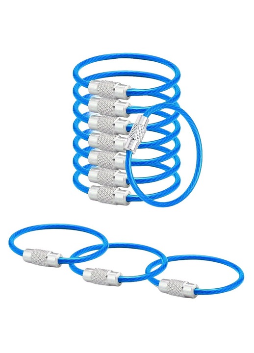 Set 10 bucati, breloc inel de chei, otel, cablu flexibil cu inchidere filetata, rezistent, albastru