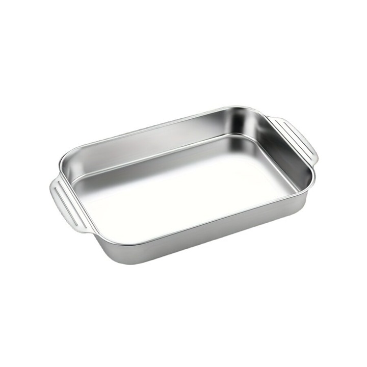 Tava de copt din inox, vas de copt, cu manere, etansa, compatibila cu cuptor si plita cu inductie, argintiu, mic