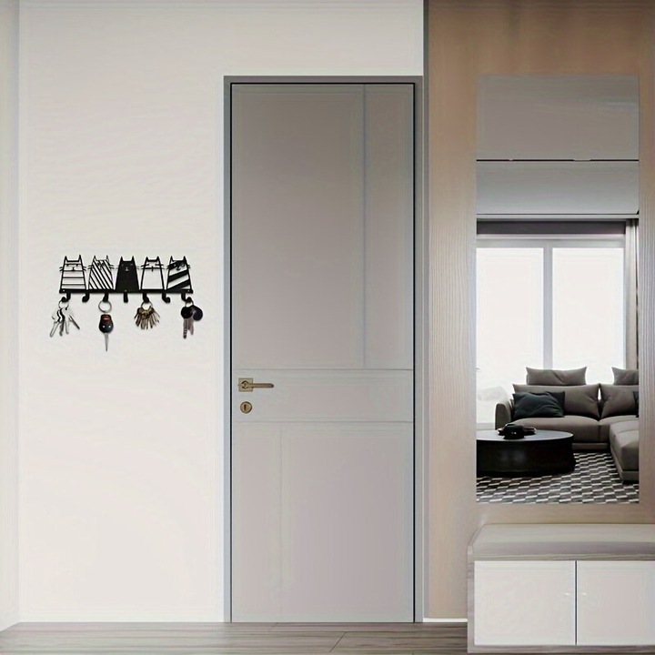 Cuier perete metalic, agatatoare decorativa cu design pisici si labute, montare usoara, organizator pentru chei si haine, negru, 1 buc