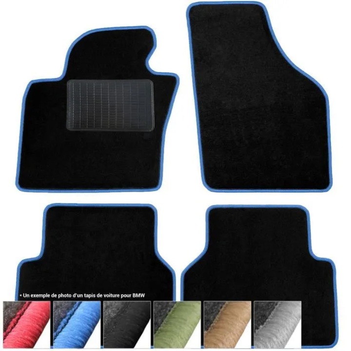 Covorase auto compatibile BMW Seria 1 F20 (din 2011), set 4 piese, din carpeta, cu protectie pentru pedala soferului, negru/albastru