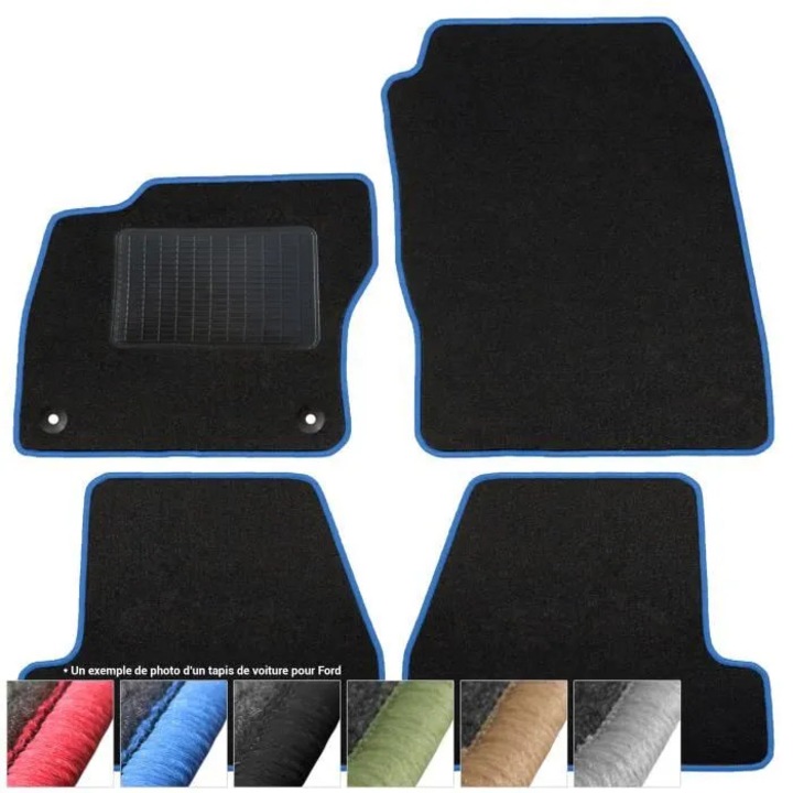Set 4 bucati covorase auto Ford Mondeo III 2000-2007, din carpet, cu protectie talpa PVC, baza antiderapanta si orificii pentru prindere, Negru/albastru