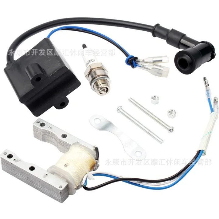 Kit aprindere complet pentru mini-bike-uri si biciclete 50cc/80cc, pentru motoare 2 timpi, bobina inalta tensiune si bujie incluse, negru/argintiu, 1 set
