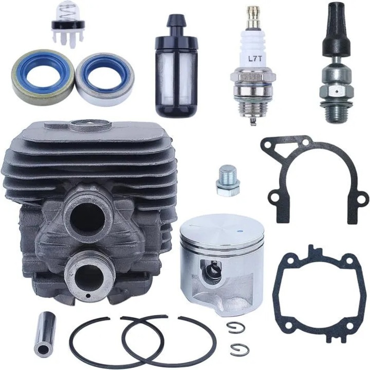 Kit cilindru piston pentru fierastrau cu lant, garnitura, bujie, filtru combustibil, set intretinere 16 piese