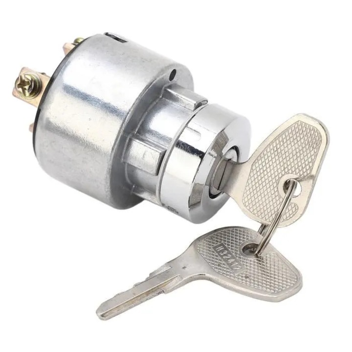 Comutator aprindere / contact pornire 66021/55140, 35260/31852, pentru tractor si motocicleta, cu cheie inclusa, cu bobina starter, argintiu, 1 buc