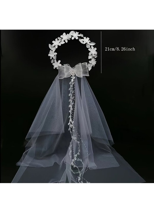 Diadema de mireasa din tulle si dantela, cu funda si accente perle artificiale, coronita florala din plasa, Alb, Unic reglabil