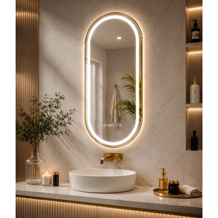 Oglinda Baie Premium, Iluminare LED Touch si Senzor Sistem Dezaburire, Ceas Temperatura, Rama Aurie 50x80 cm