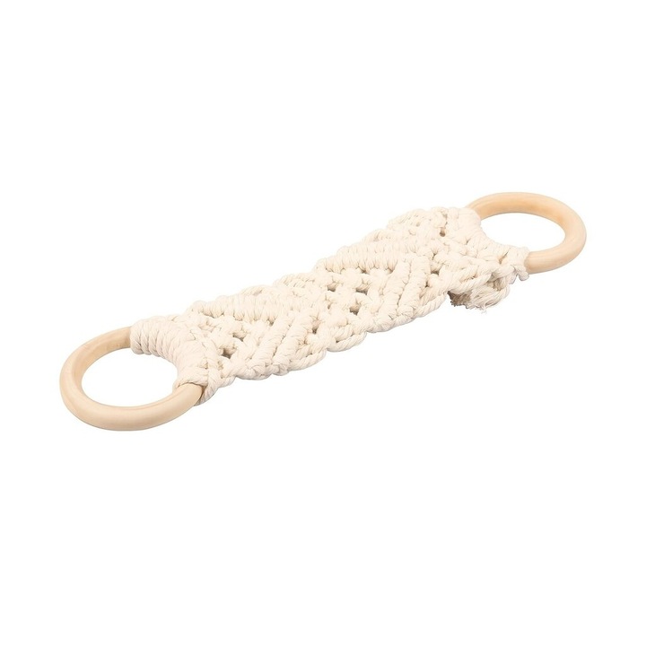 Suport prosop de bucatarie, inel pentru prosop din macrame, cu inele din lemn, alb