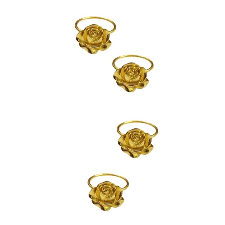 Set 4 bucati, inele pentru servetele din metal, model trandafir, cu margini netede, auriu