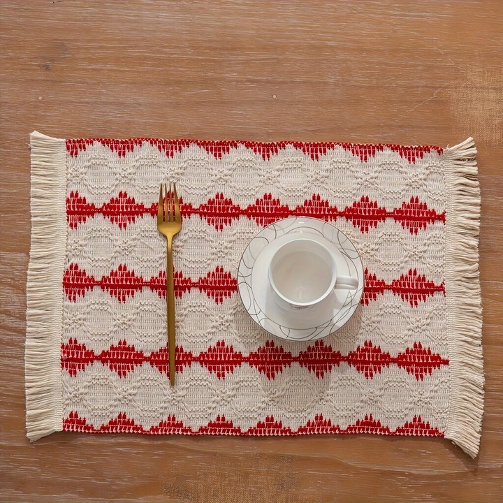 Asztalterítő/asztalközép, lenből, bohém design, kézzel fonott rojtokkal, Zöld