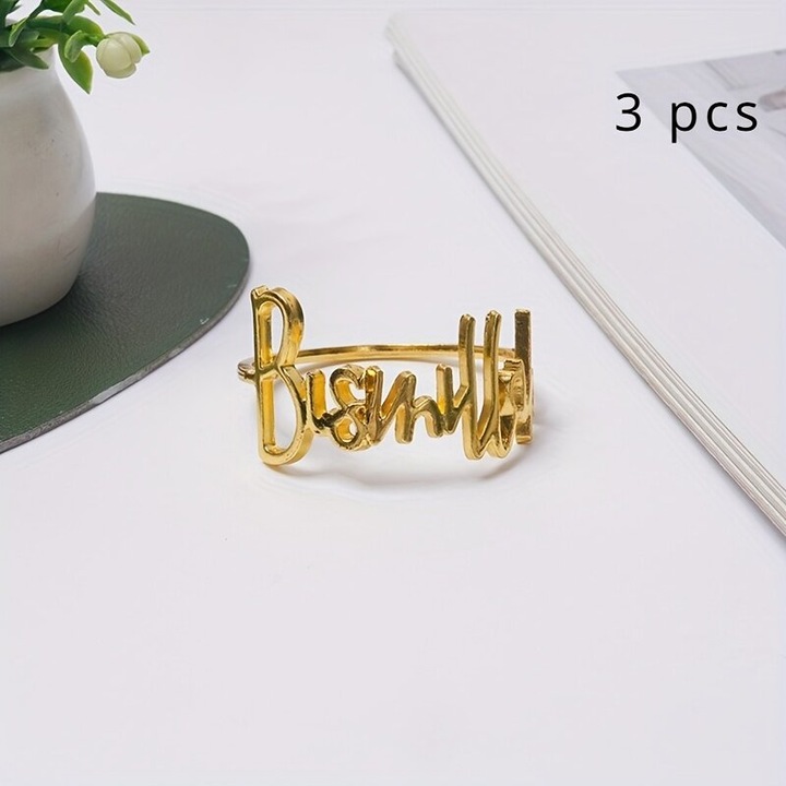 Set 3 bucati inele pentru servetele / suporturi, Bismillah, metal placat auriu, tematic Ramadan, auriu