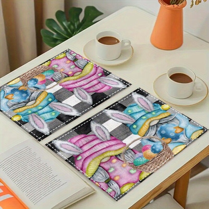 7 részes szett, húsvéti asztalterítő 6 tányéralátéttel, könnyen kezelhető textil anyag, újrafelhasználható, többszínű
