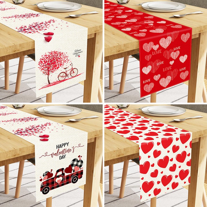 3 darabos szett, Textil asztali futó (runner), romantikus mintával, szívekkel és kerékpárral, tartós és kellemes tapintású, Piros/Fehér